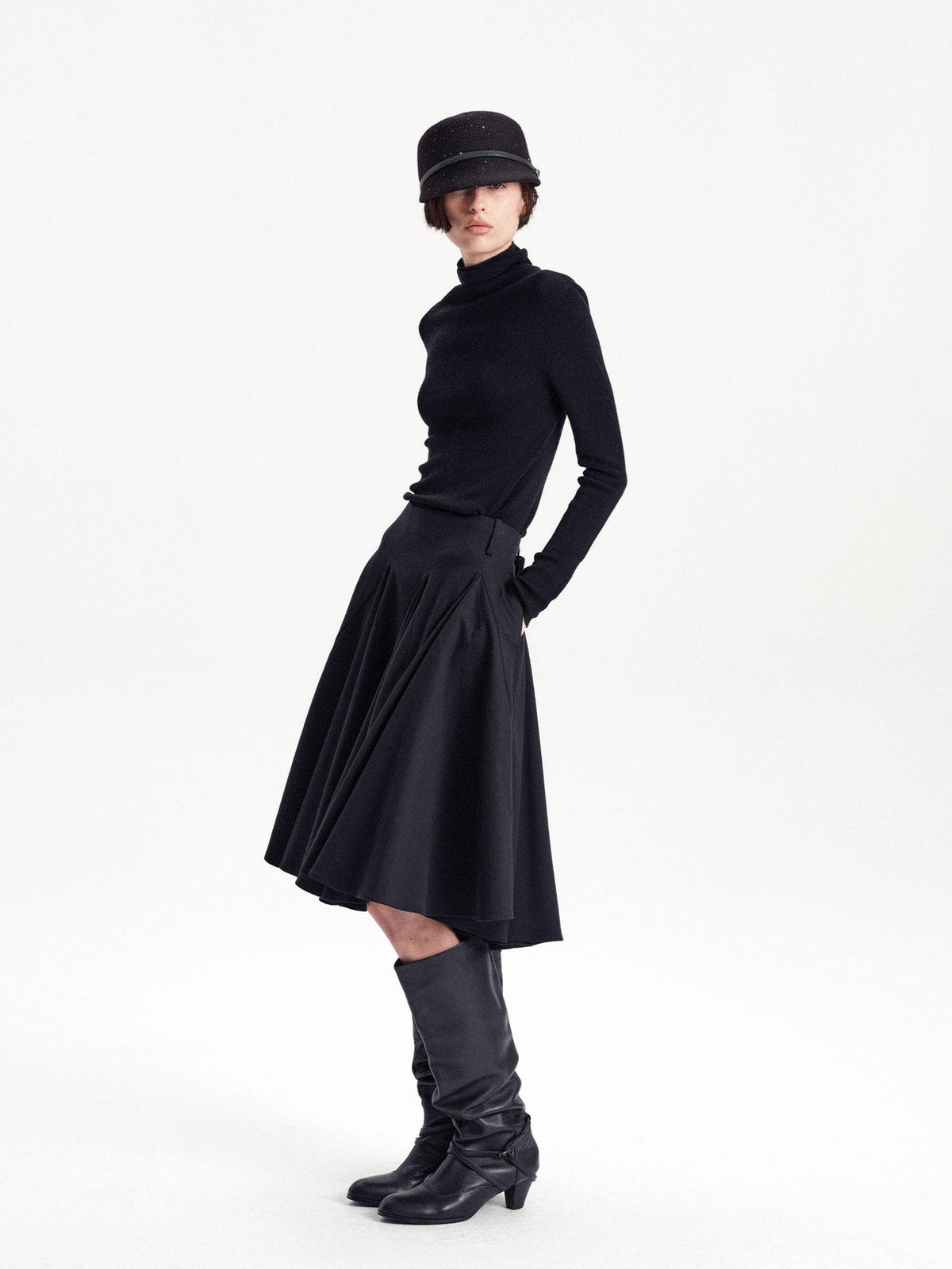 LYUOCHENG Pleated Flared A Line Low Waist Wool Blend Women&