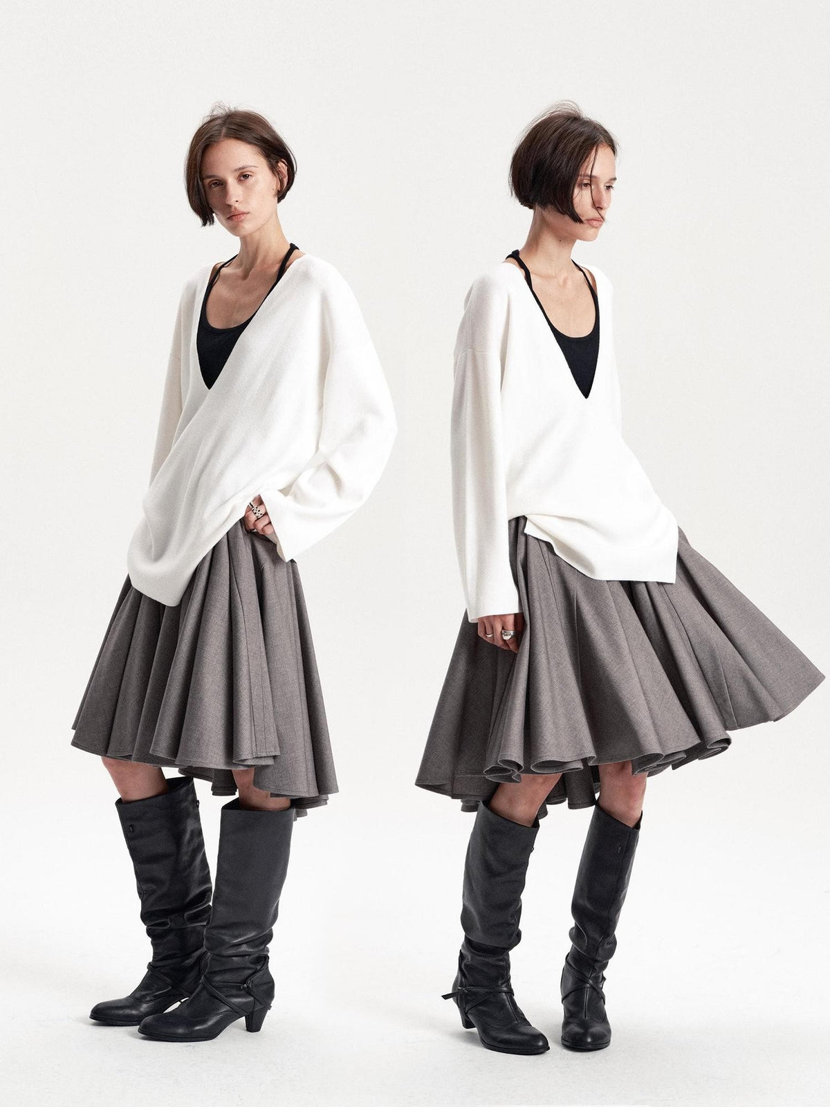LYUOCHENG Pleated Flared A Line Low Waist Wool Blend Women&