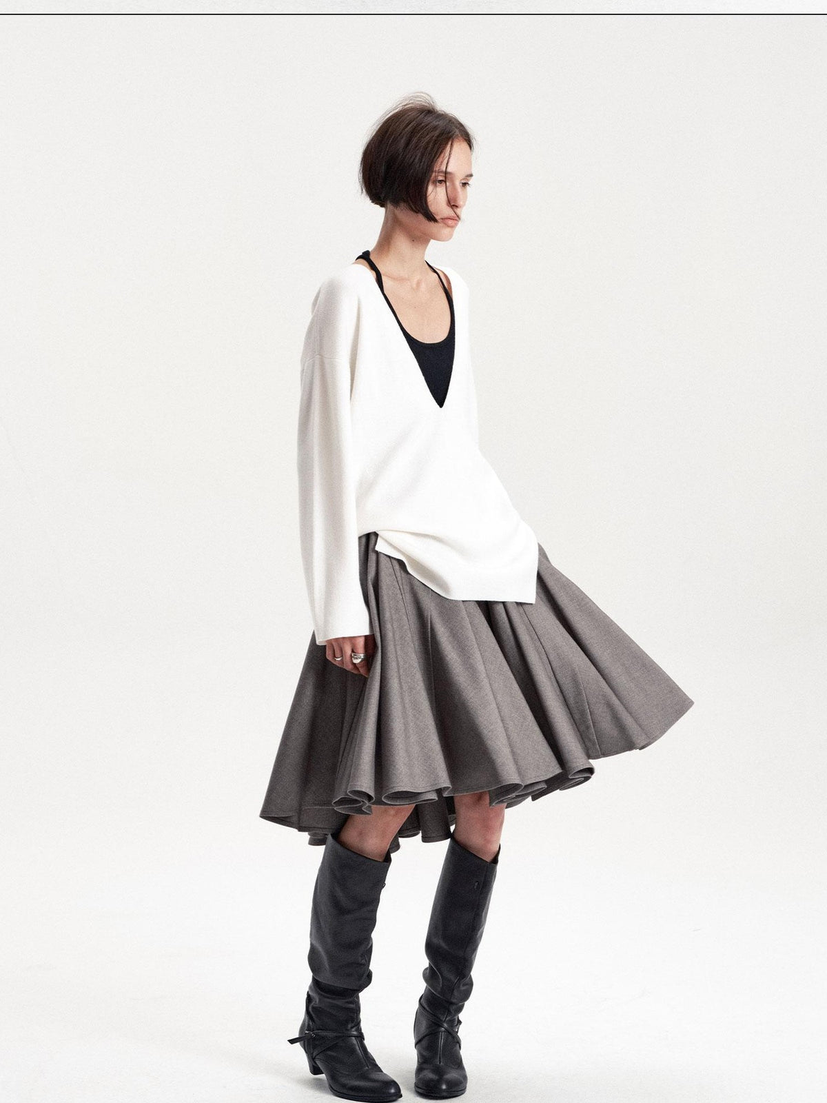 LYUOCHENG Pleated Flared A Line Low Waist Wool Blend Women&