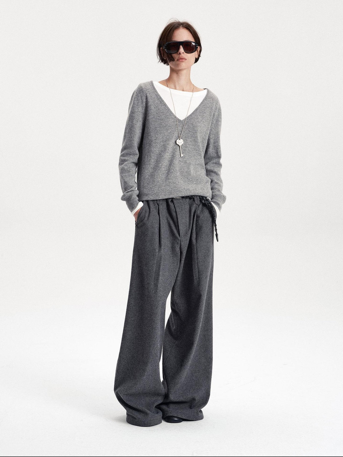 LYUOCHENG Pleated Straight Leg Wool Blend Women&