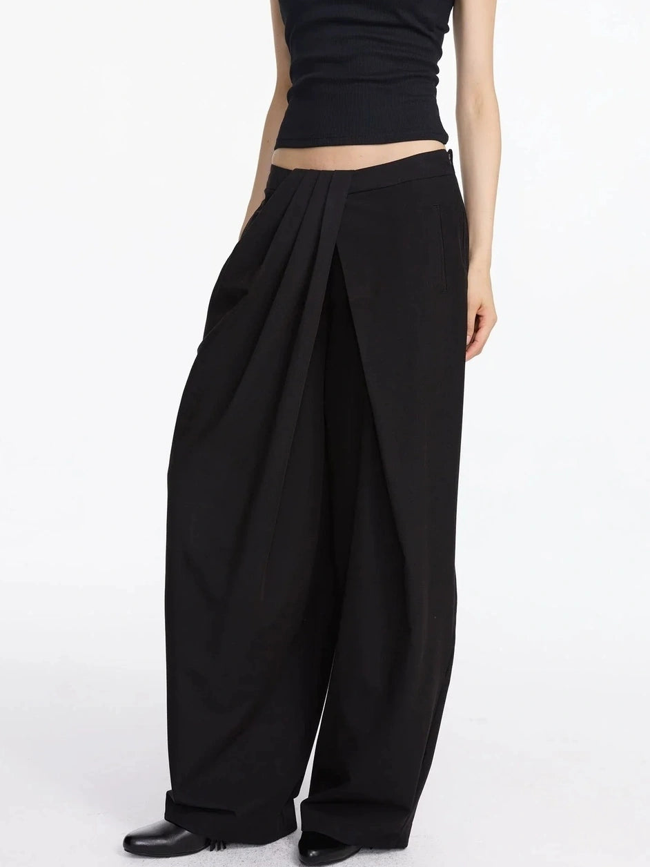 LYUOCHENG Pleated Wide Leg Trousers With Asymmetric Waist