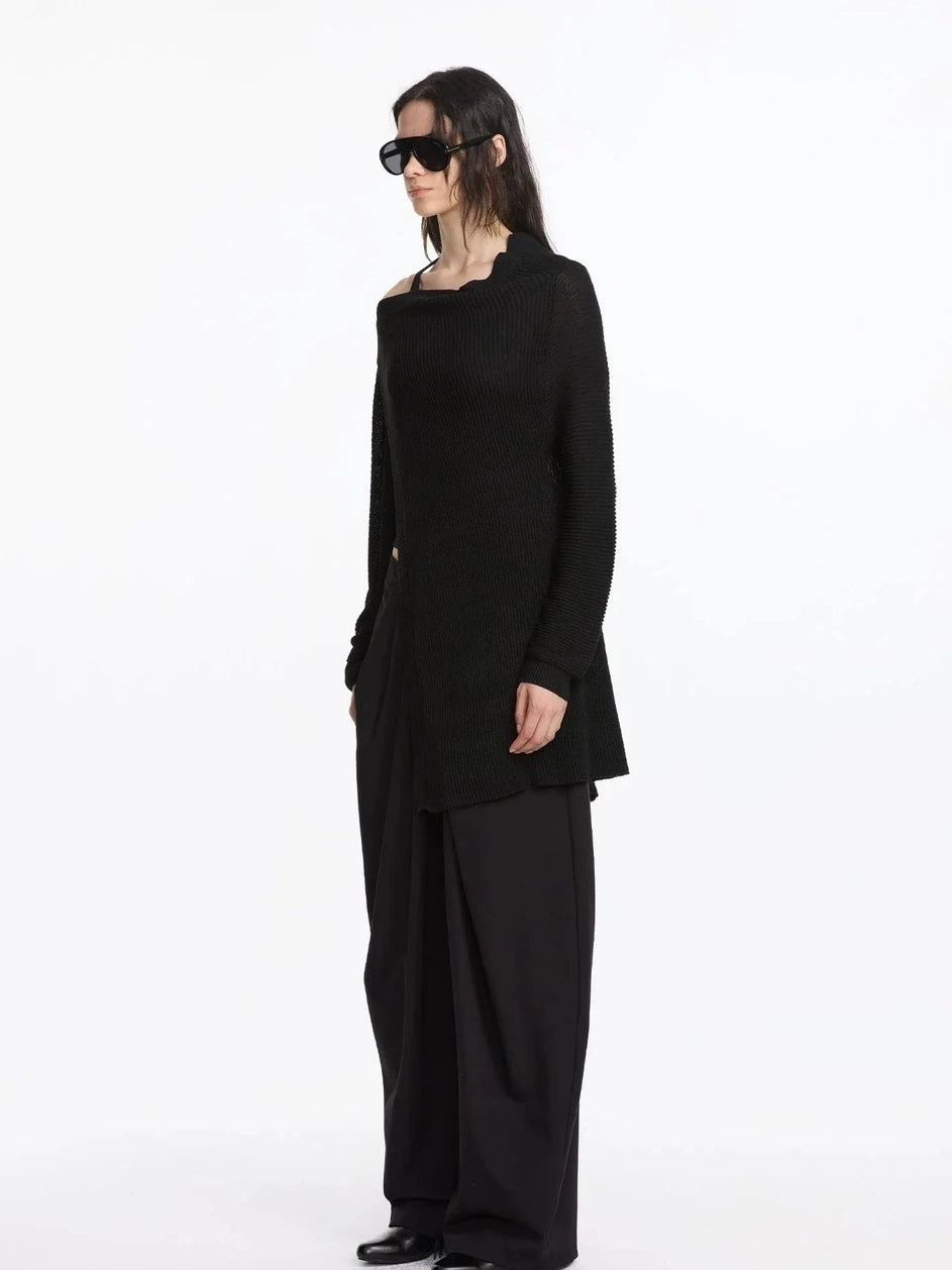 LYUOCHENG Pleated Wide Leg Trousers With Asymmetric Waist