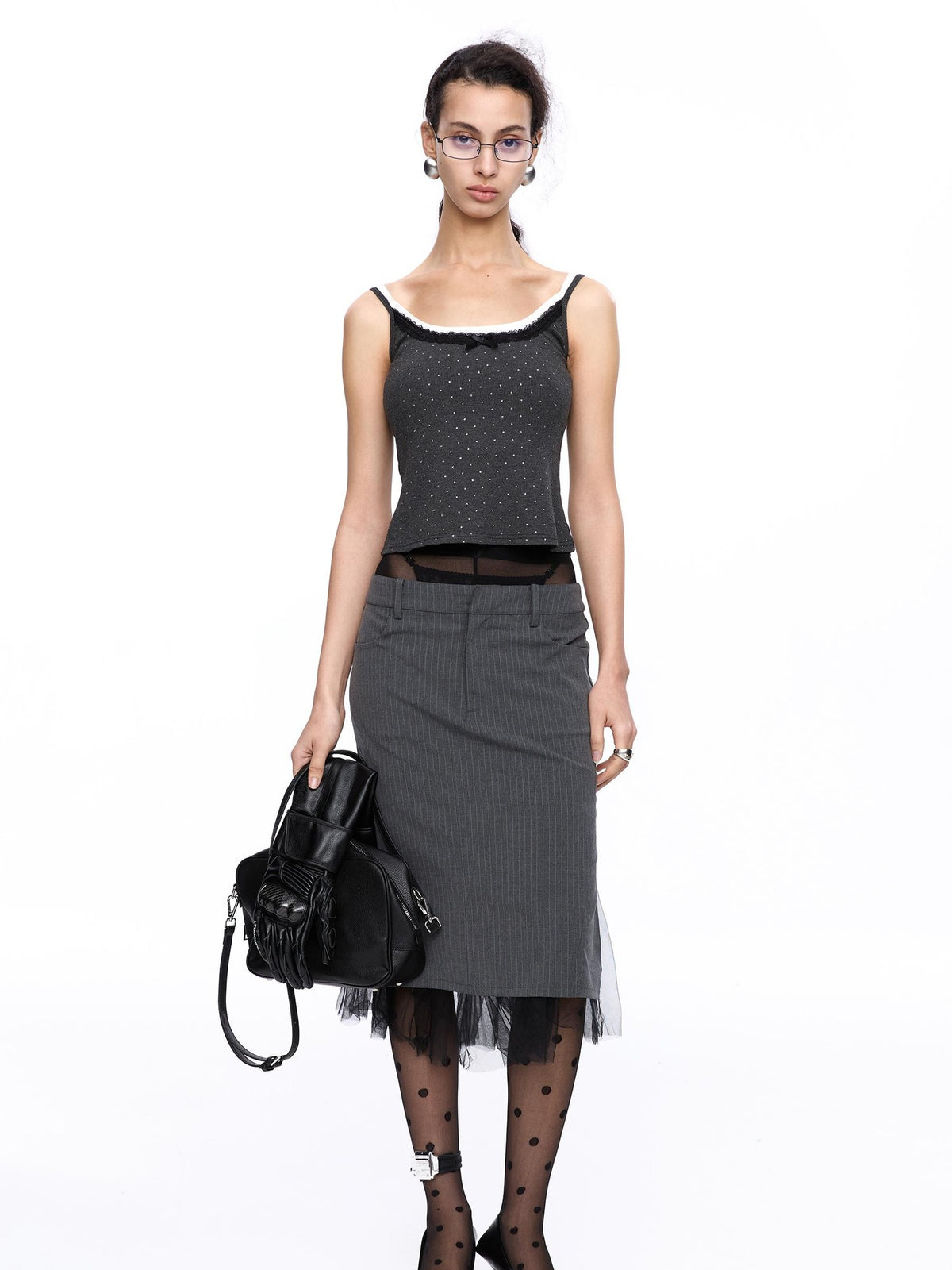 LYUOCHENG Polka Dot Double Layer Lace Low Neck Slim Fit Women&