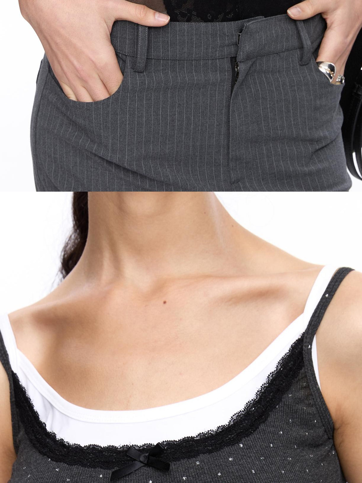 LYUOCHENG Polka Dot Double Layer Lace Low Neck Slim Fit Women&