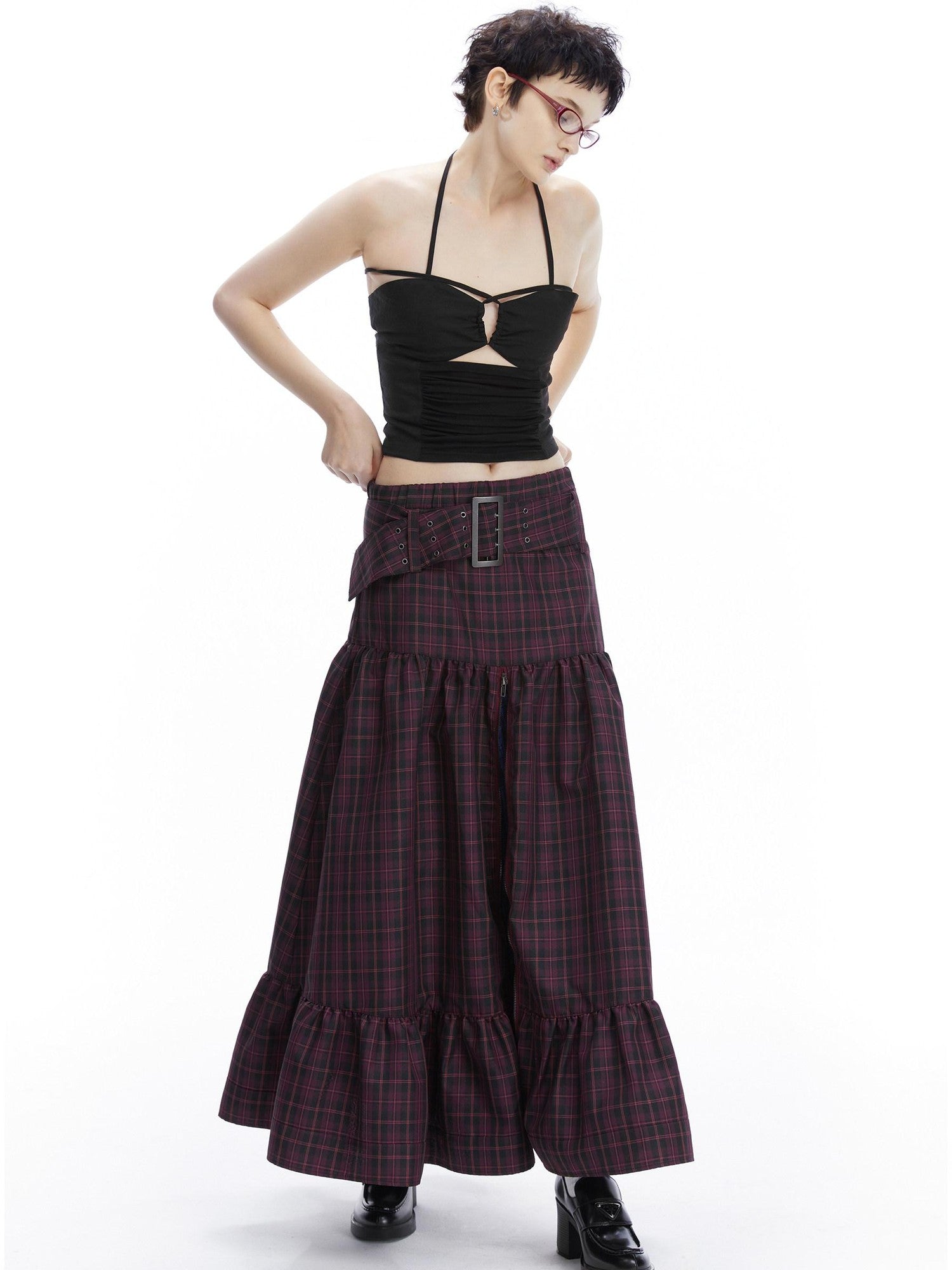 LYUOCHENG Purple Plaid Low Waist Patchwork Zip Tulip Hem Women&