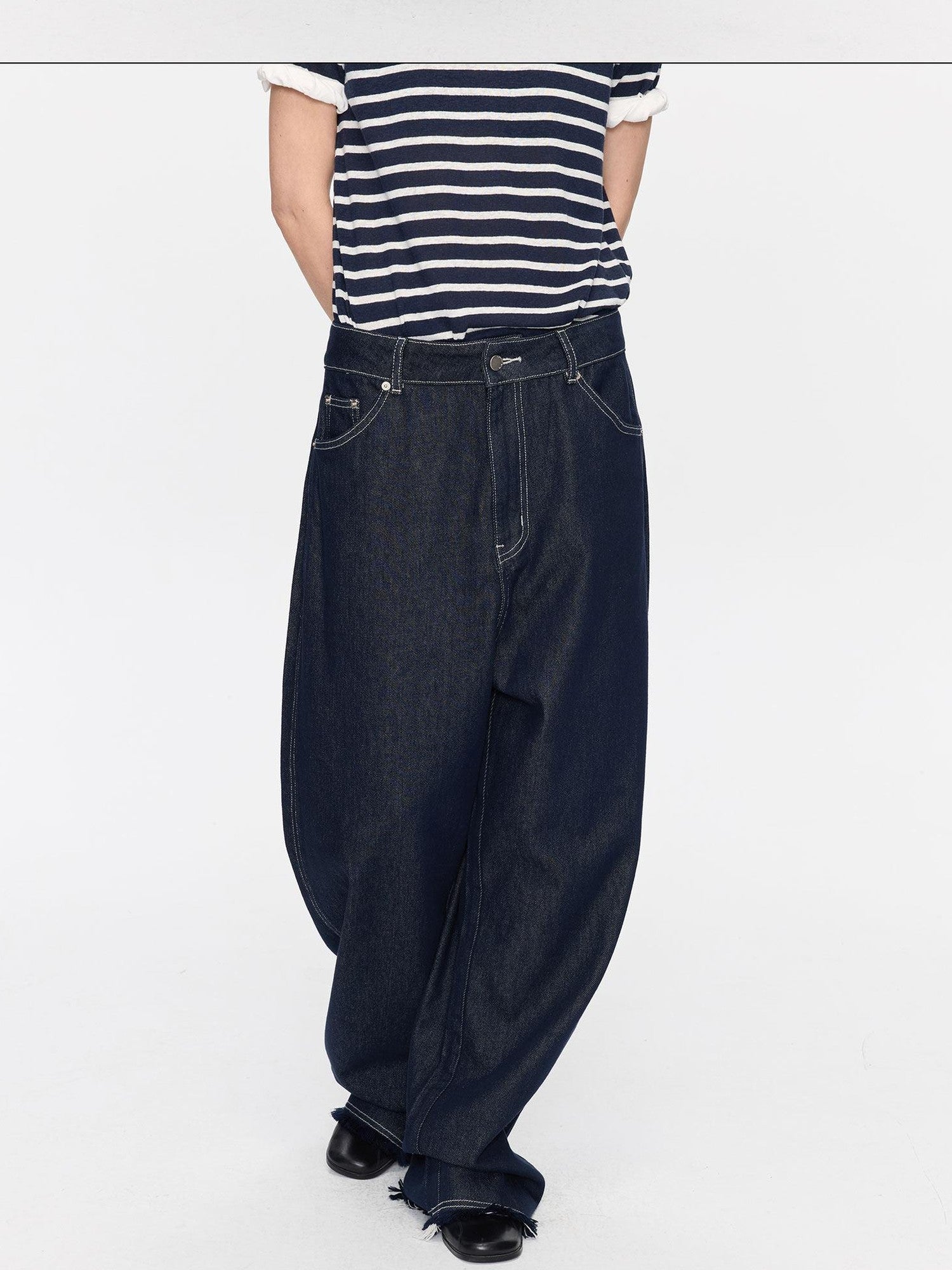 LYUOCHENG Raw Denim Frayed Hem Low Waist Loose Women&