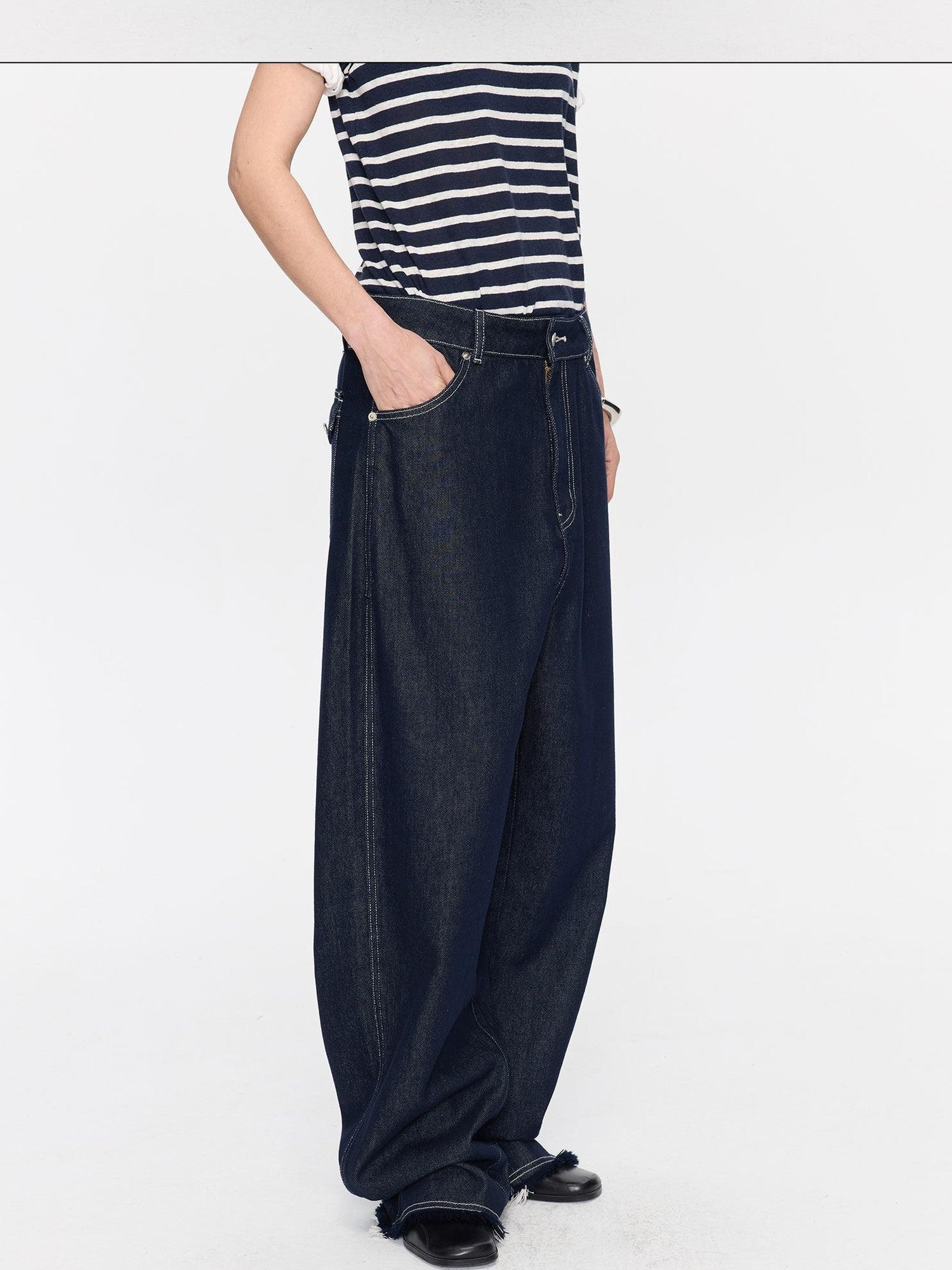 LYUOCHENG Raw Denim Frayed Hem Low Waist Loose Women&