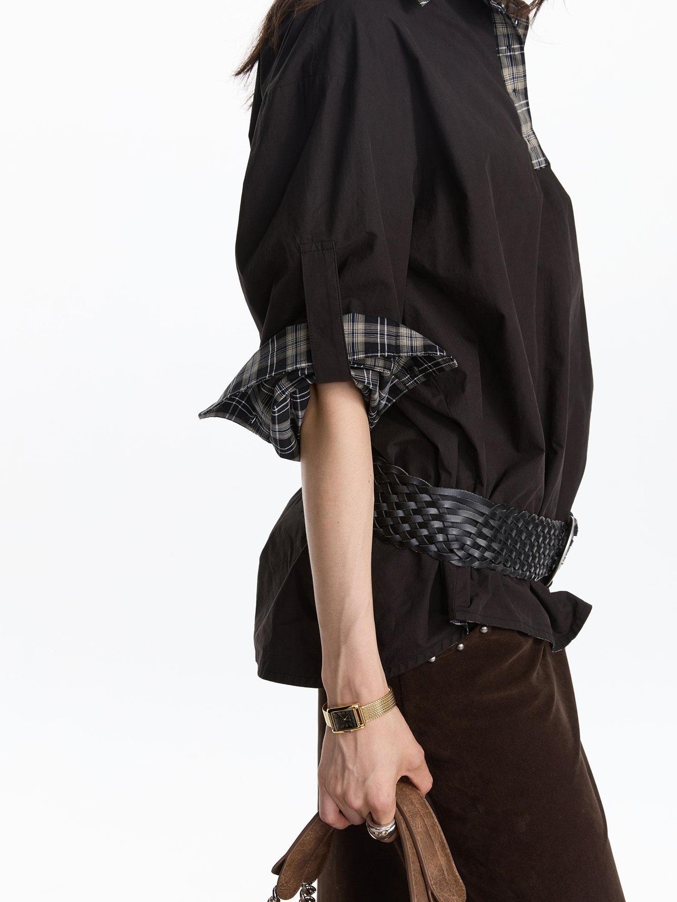 LYUOCHENG Reversible Plaid Adjustable Waist Wide Long Sleeves Women&
