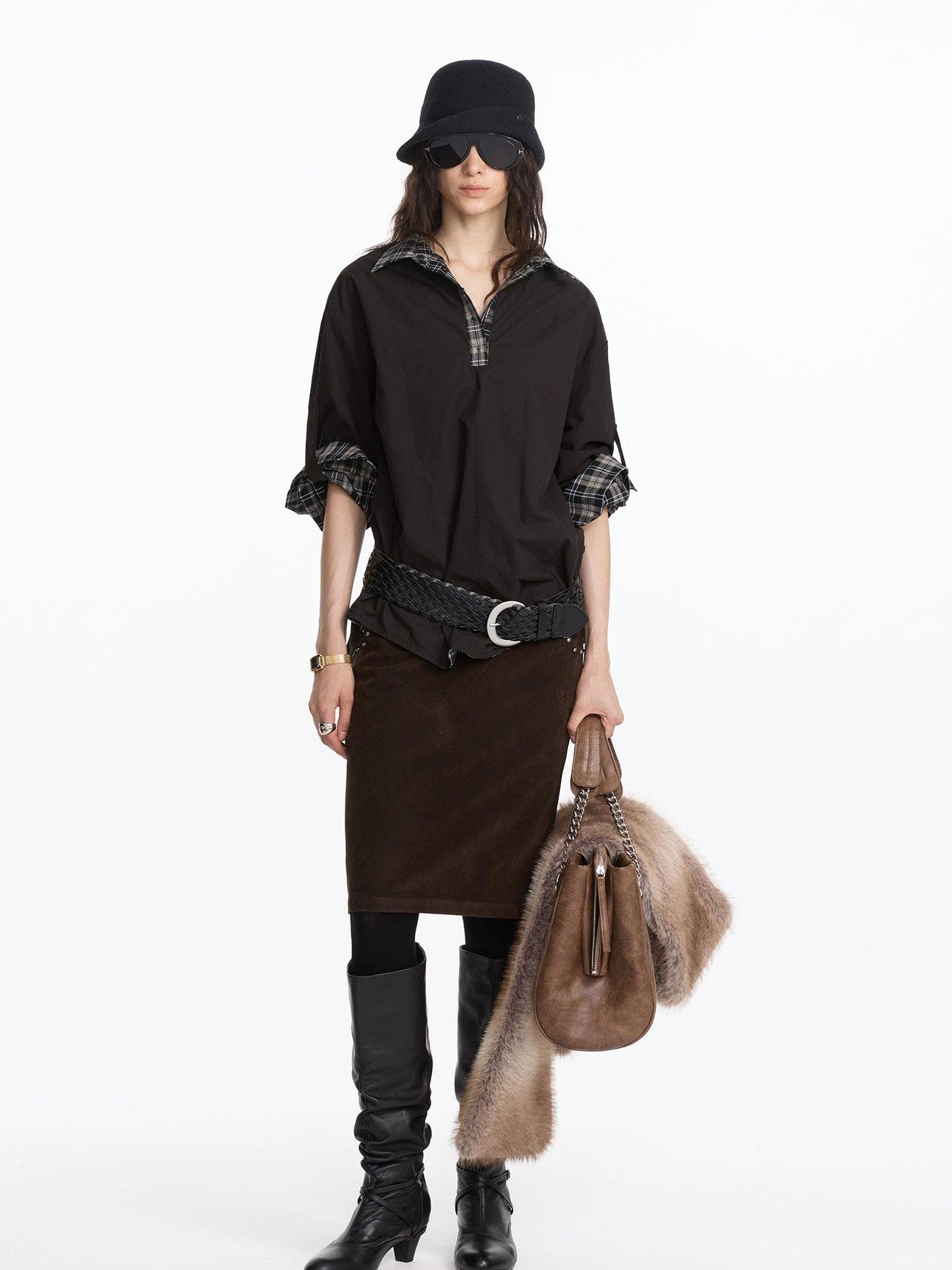 LYUOCHENG Reversible Plaid Adjustable Waist Wide Long Sleeves Women&