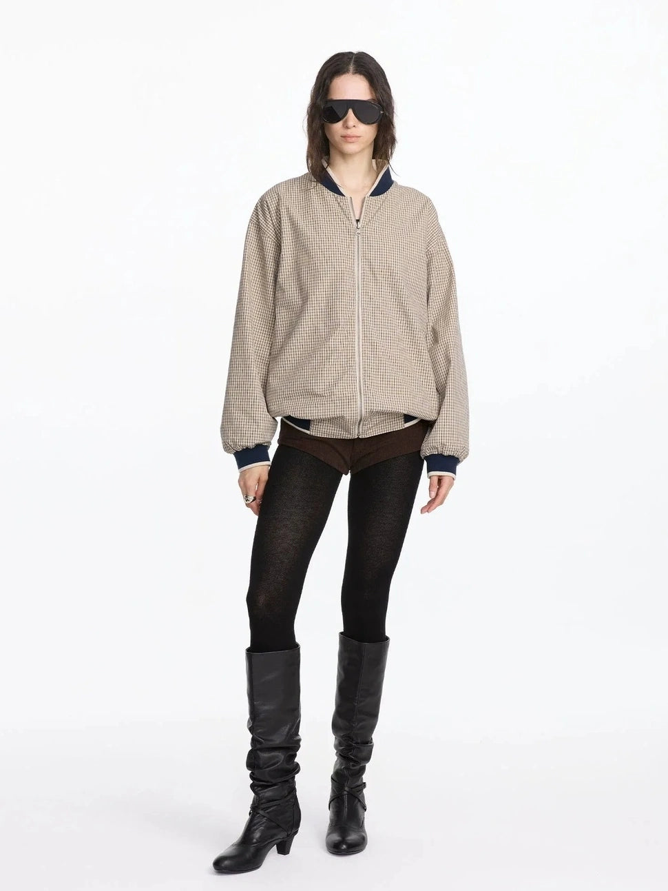 LYUOCHENG Reversible Plaid Baseball Jacket In Khaki And Purple