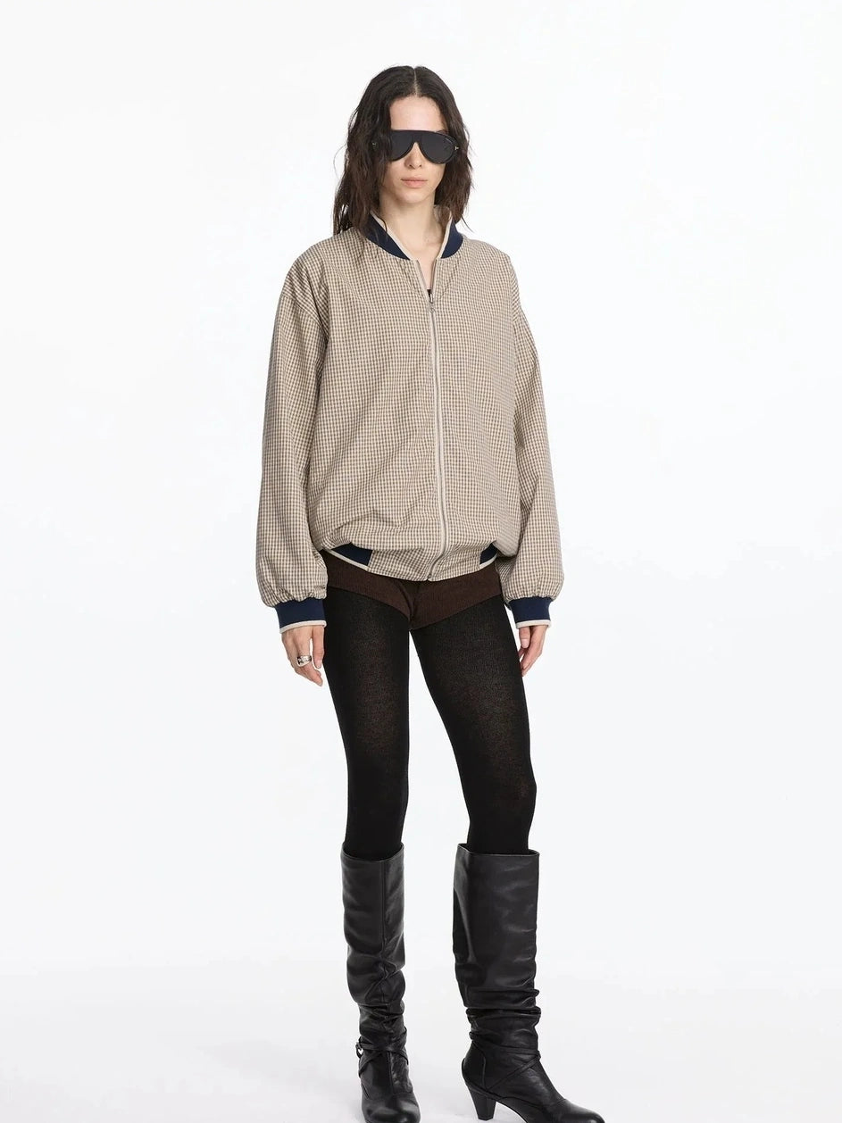 LYUOCHENG Reversible Plaid Baseball Jacket In Khaki And Purple