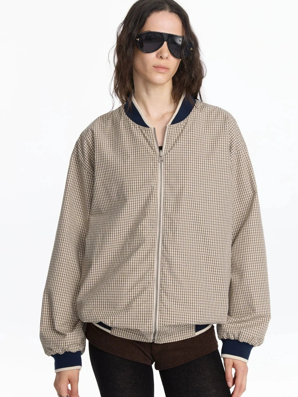 LYUOCHENG Reversible Plaid Baseball Jacket In Khaki And Purple