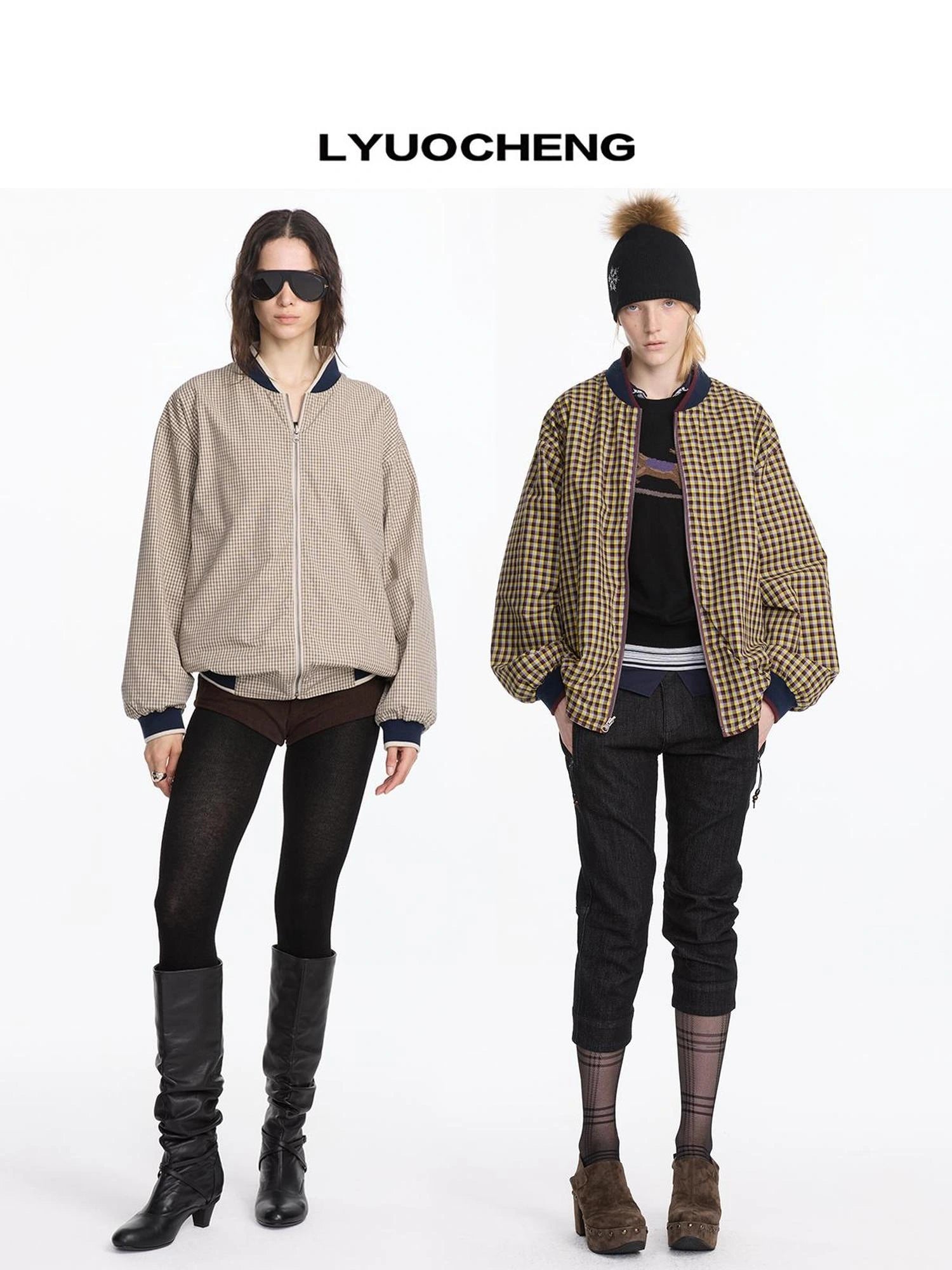 LYUOCHENG Reversible Plaid Baseball Jacket In Khaki And Purple
