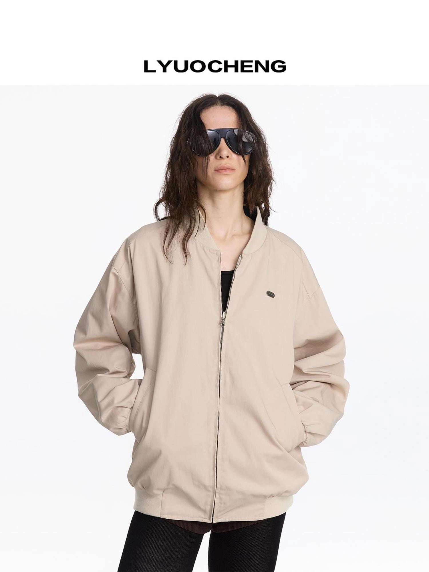 LYUOCHENG Reversible Plaid Baseball Jacket In Khaki And Purple