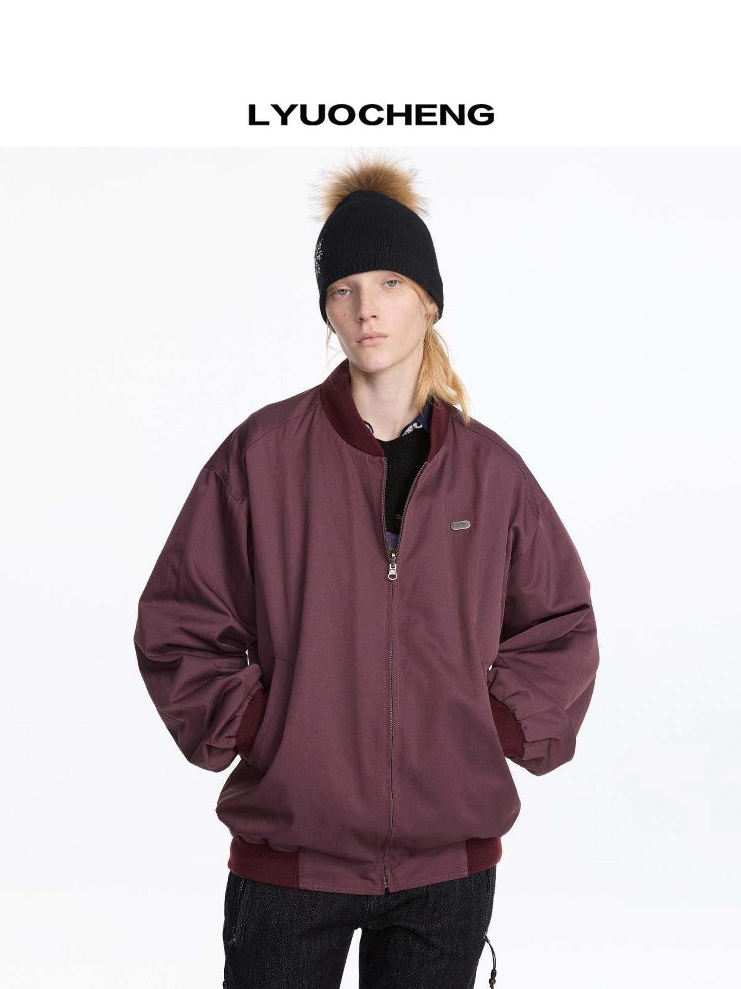LYUOCHENG Reversible Plaid Baseball Jacket In Khaki And Purple