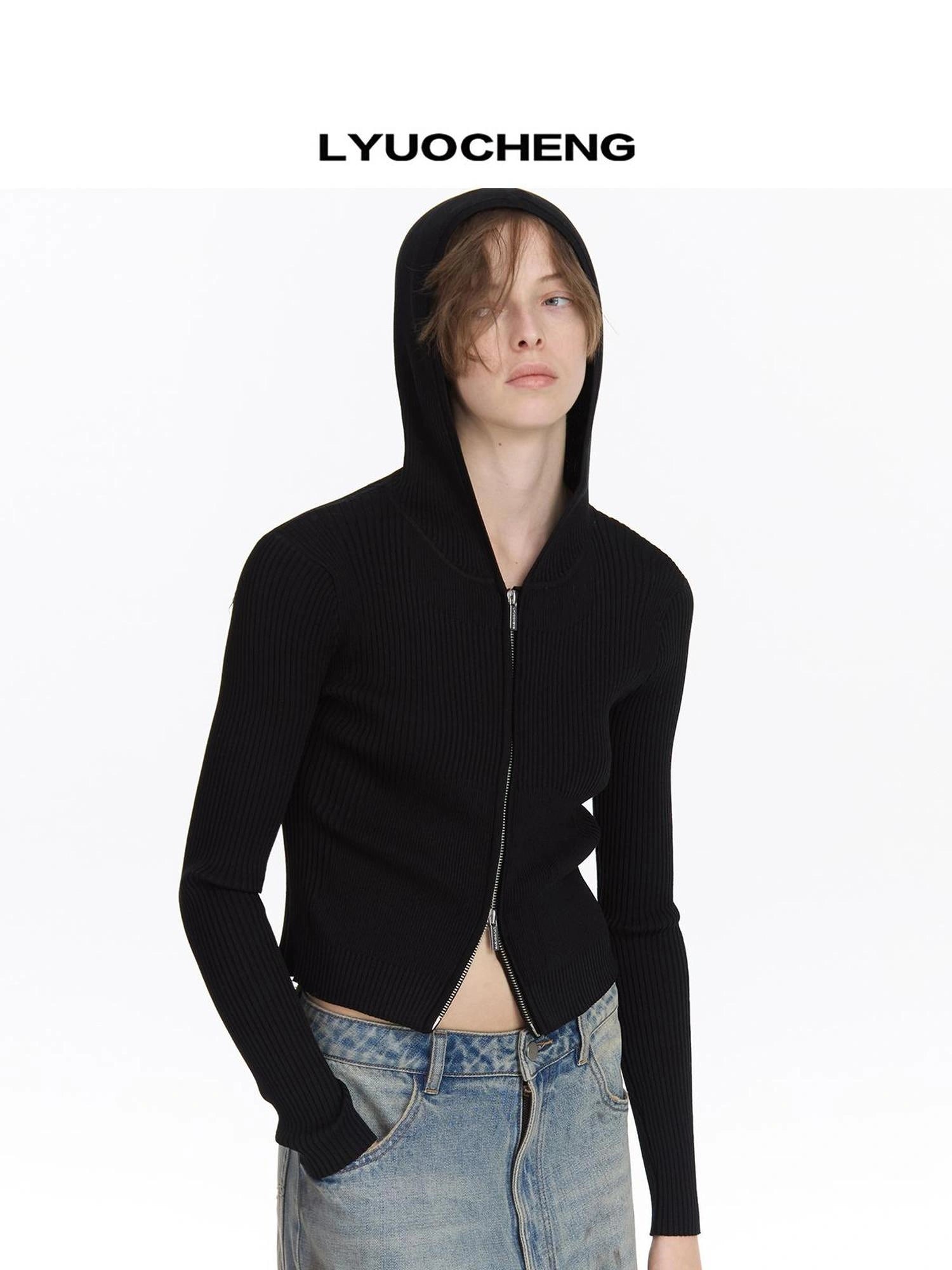 LYUOCHENG Ribbed Knit Zip Hoodie