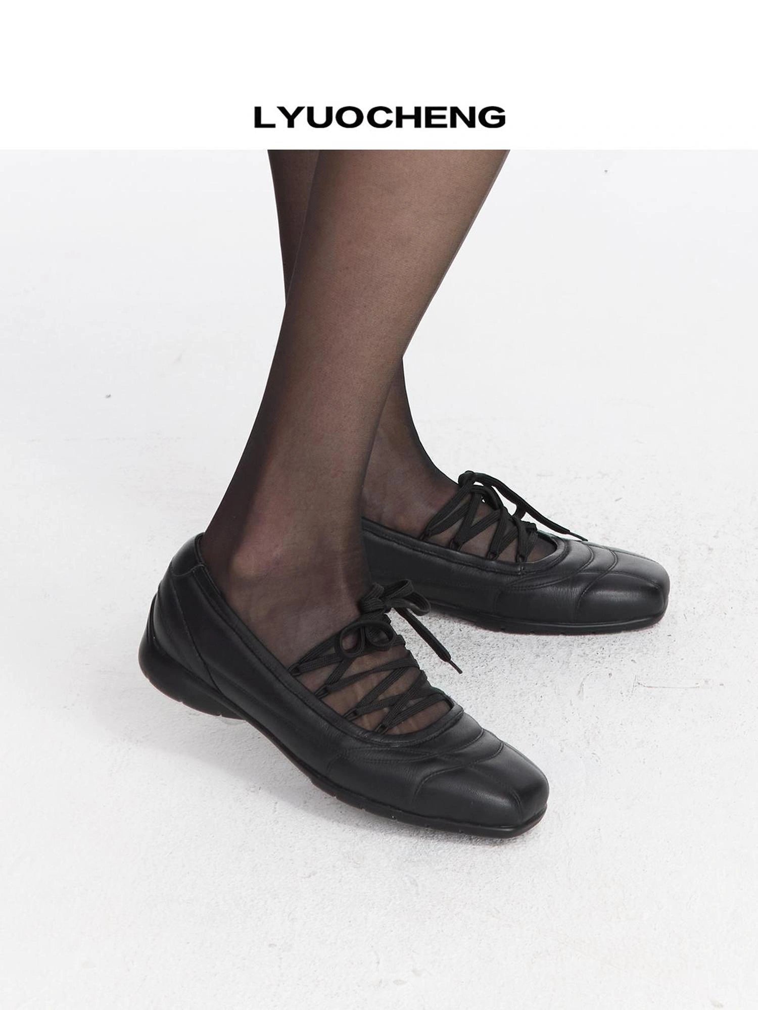LYUOCHENG Spongy Ribbed Leather Ballet Flats