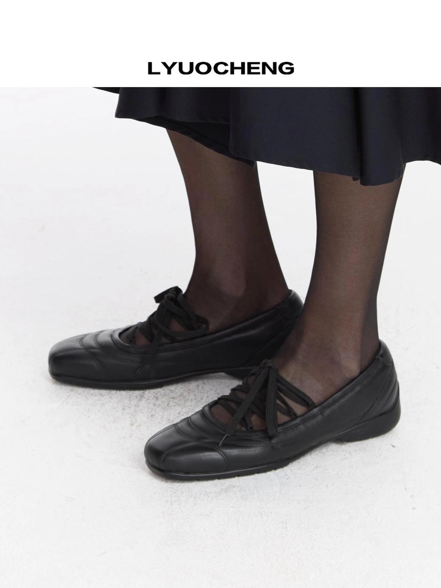 LYUOCHENG Spongy Ribbed Leather Ballet Flats