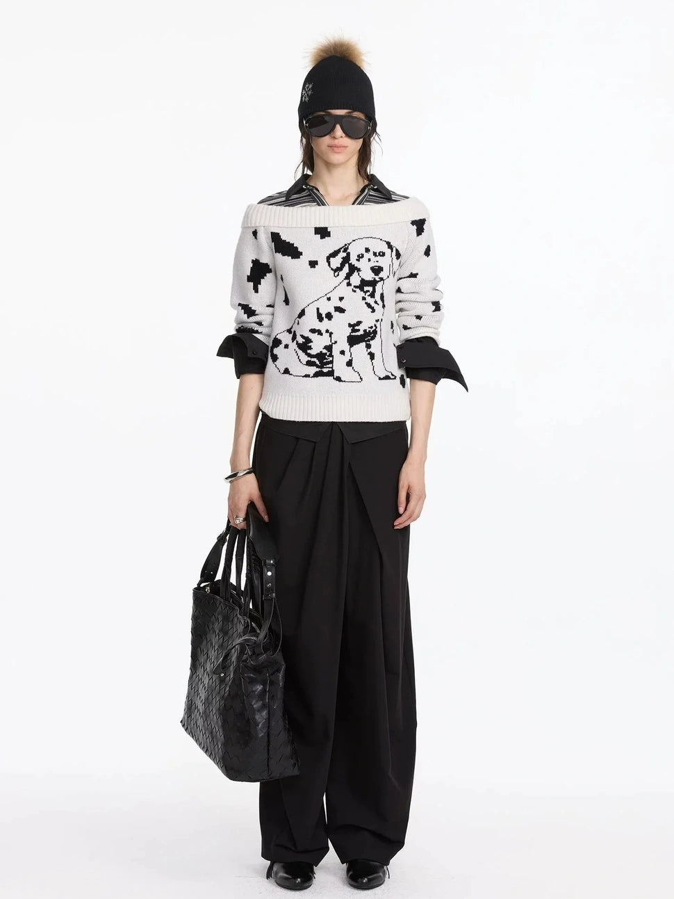 LYUOCHENG Spotted Dog Off Shoulder Knit Sweater