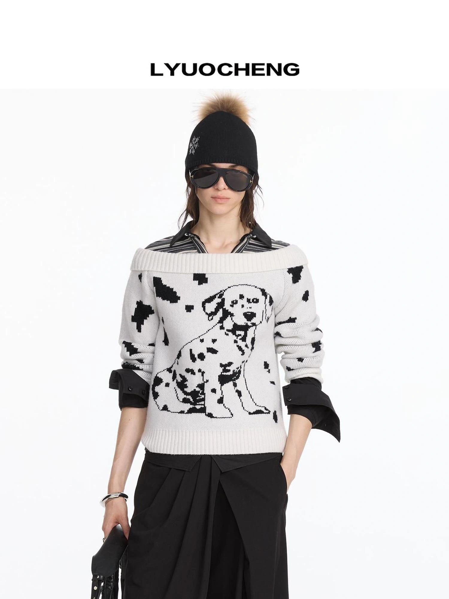 LYUOCHENG Spotted Dog Off Shoulder Knit Sweater
