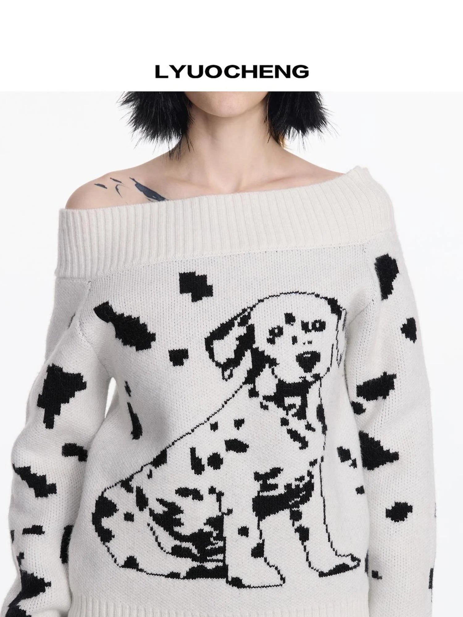LYUOCHENG Spotted Dog Off Shoulder Knit Sweater