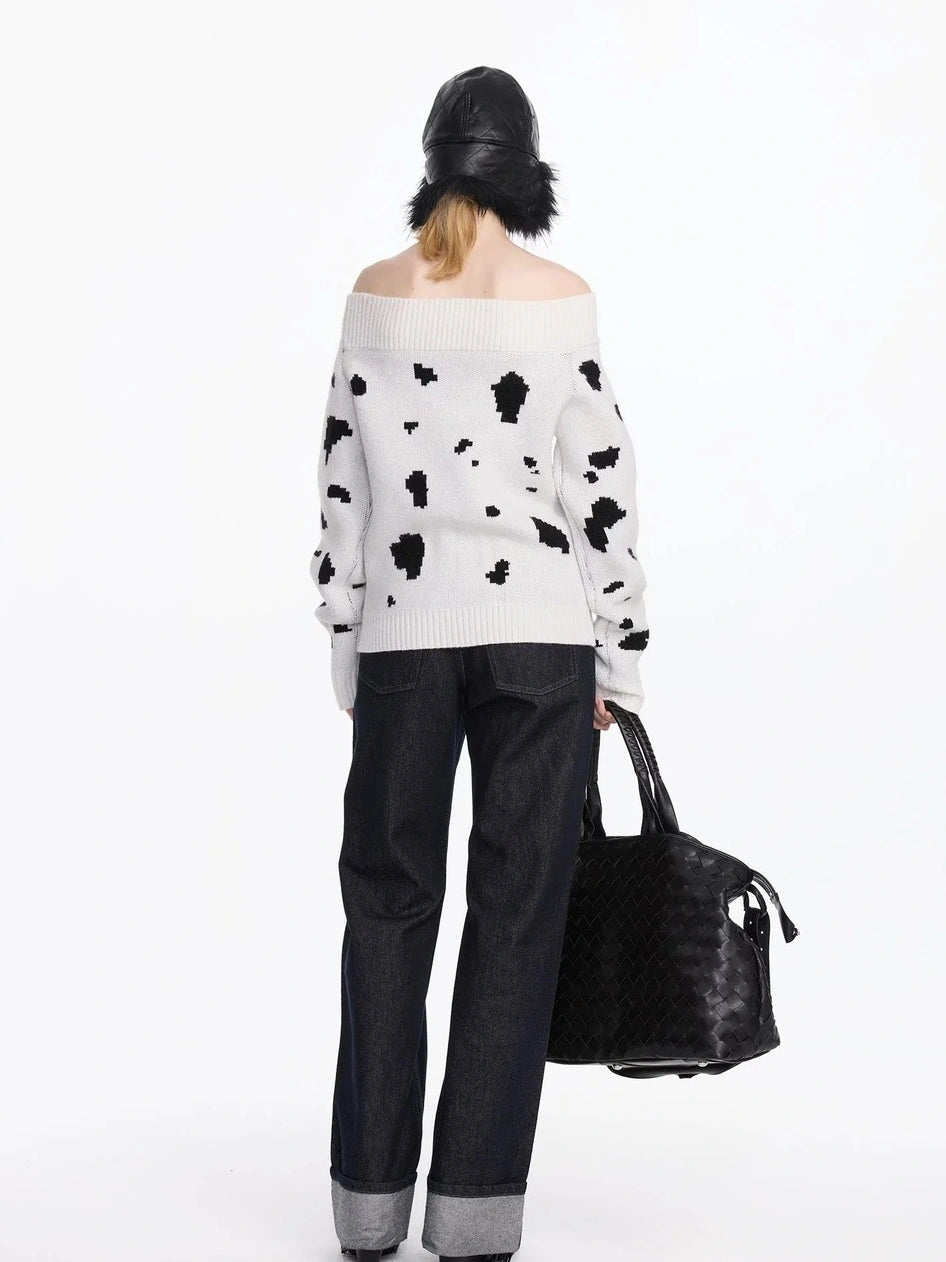 LYUOCHENG Spotted Dog Off Shoulder Knit Sweater
