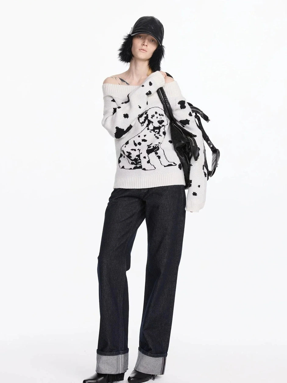 LYUOCHENG Spotted Dog Off Shoulder Knit Sweater