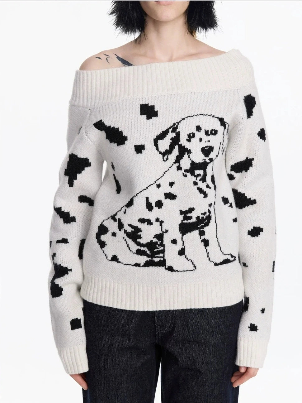 LYUOCHENG Spotted Dog Off Shoulder Knit Sweater