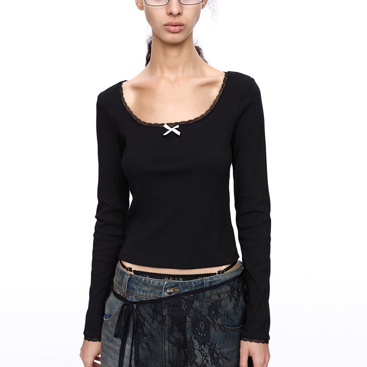 LYUOCHENG_Square_Neck_Lace_Spliced_Bow_Women&