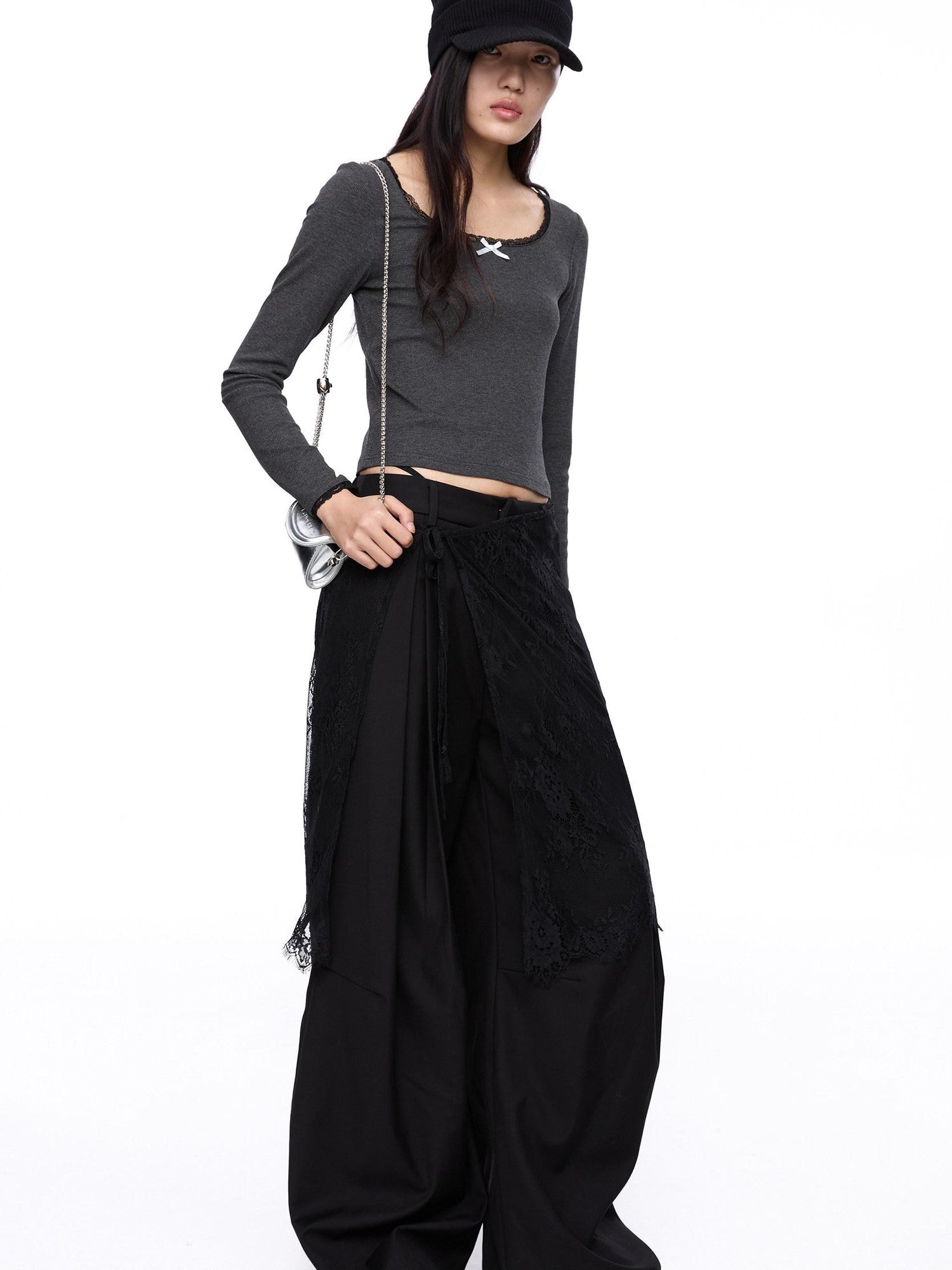 LYUOCHENG Square Neck Lace Spliced Bow Women&