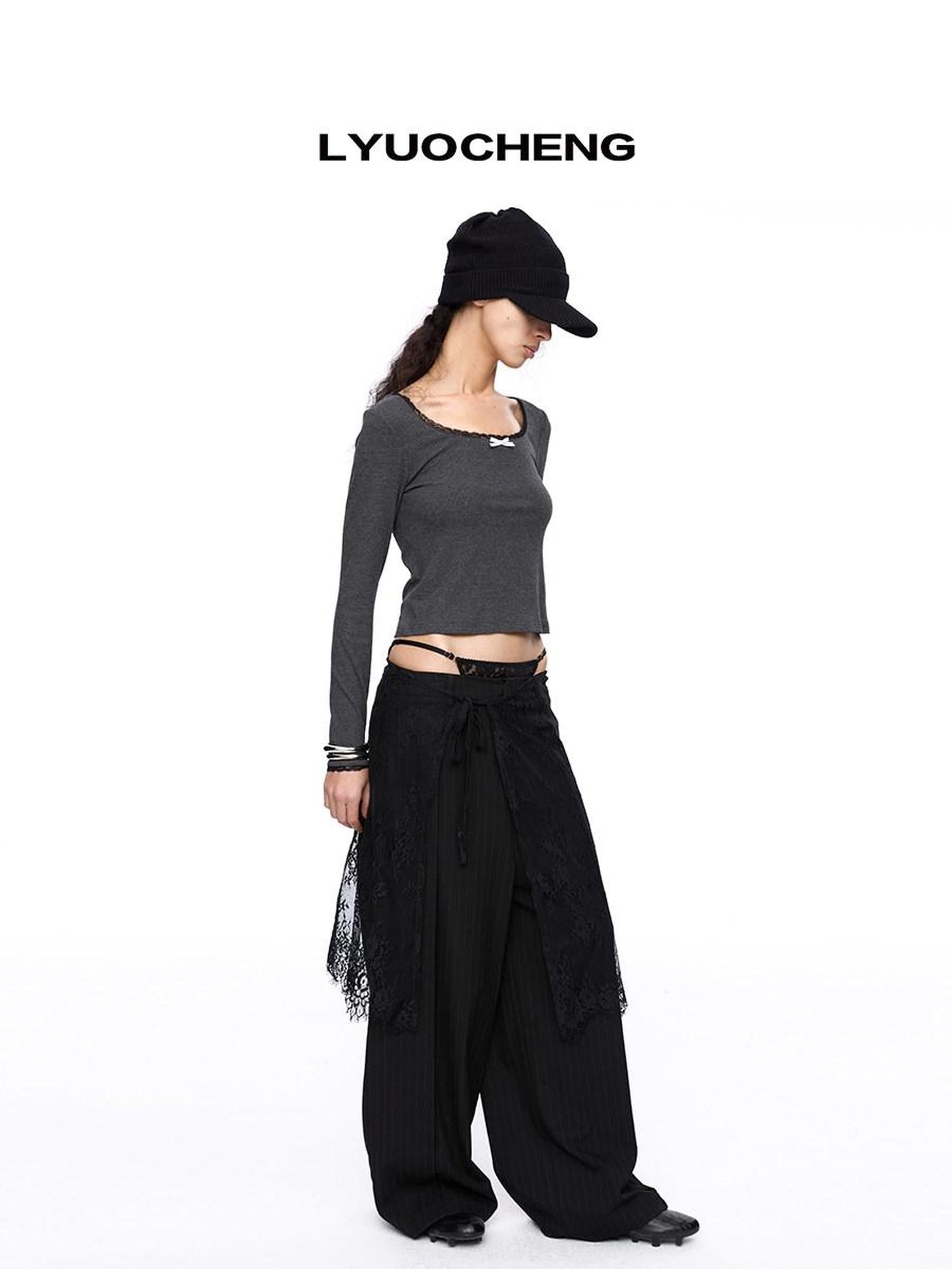LYUOCHENG Square Neck Lace Spliced Bow Women&