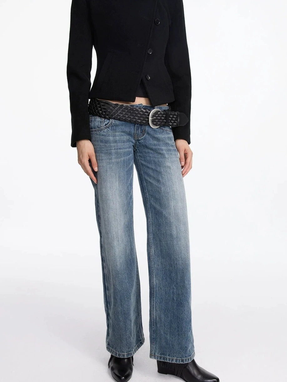 LYUOCHENG Stonewashed Straight Leg Low Rise Jeans