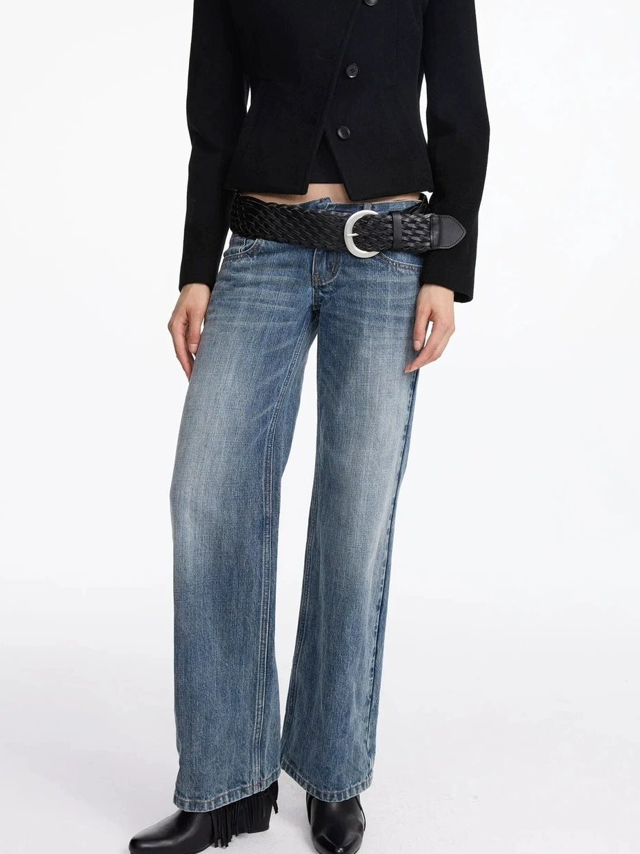 LYUOCHENG Stonewashed Straight Leg Low Rise Jeans