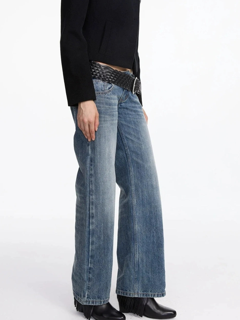 LYUOCHENG Stonewashed Straight Leg Low Rise Jeans