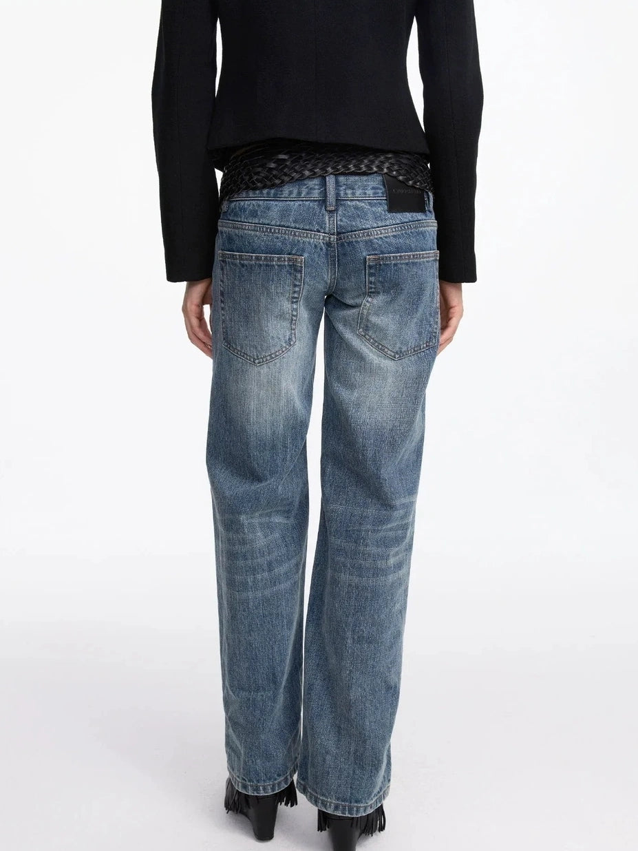 LYUOCHENG Stonewashed Straight Leg Low Rise Jeans