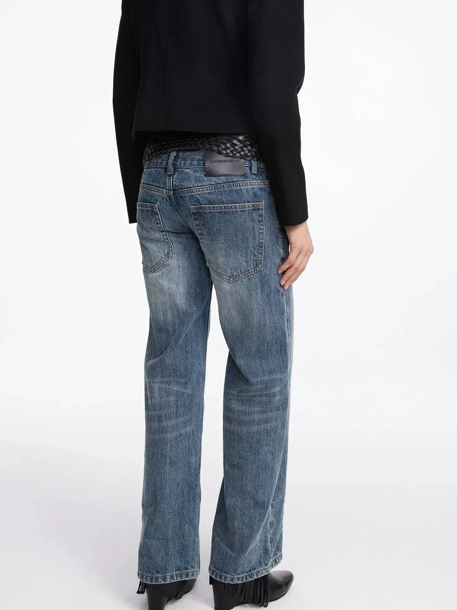 LYUOCHENG Stonewashed Straight Leg Low Rise Jeans