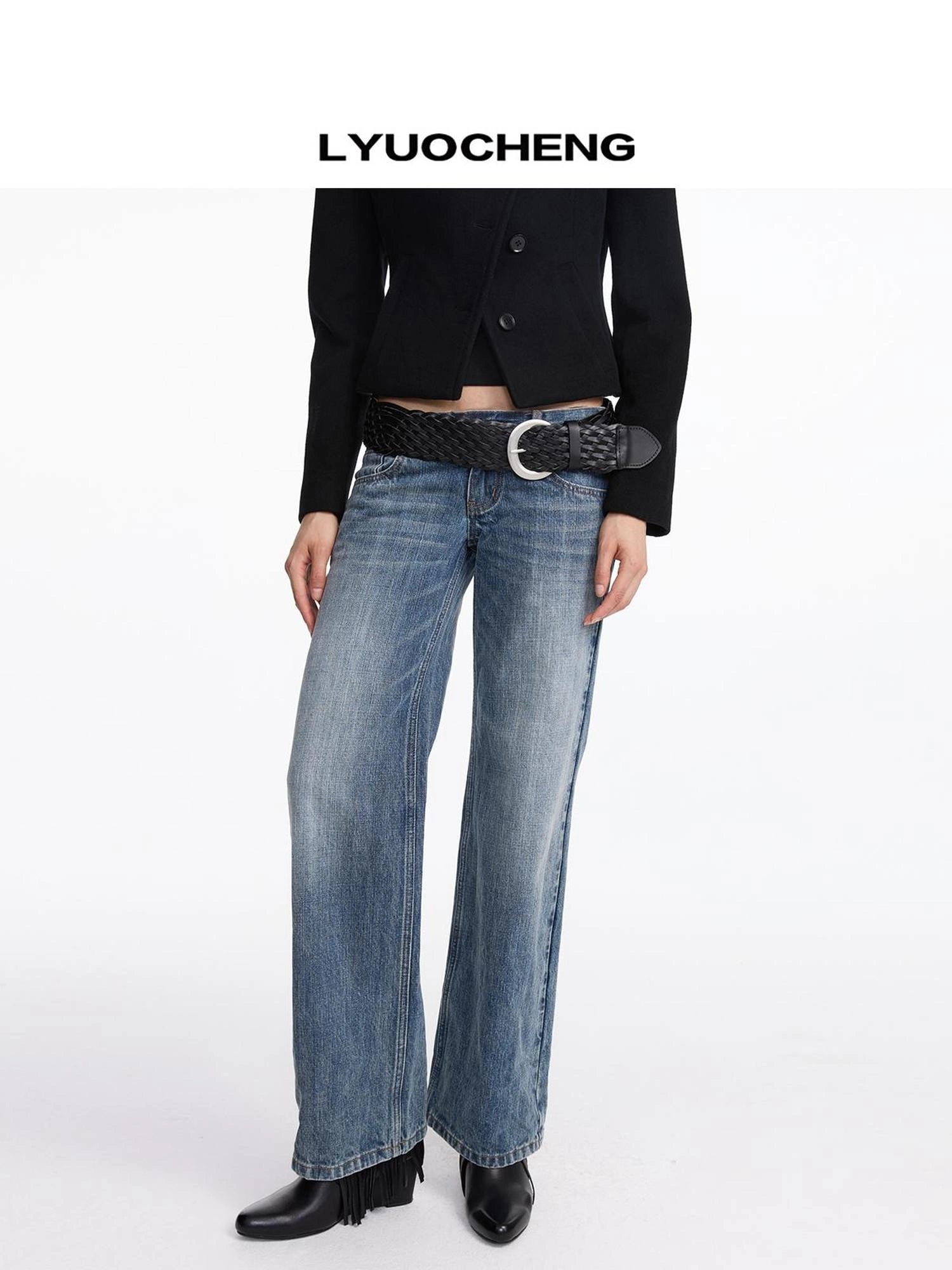 LYUOCHENG Stonewashed Straight Leg Low Rise Jeans