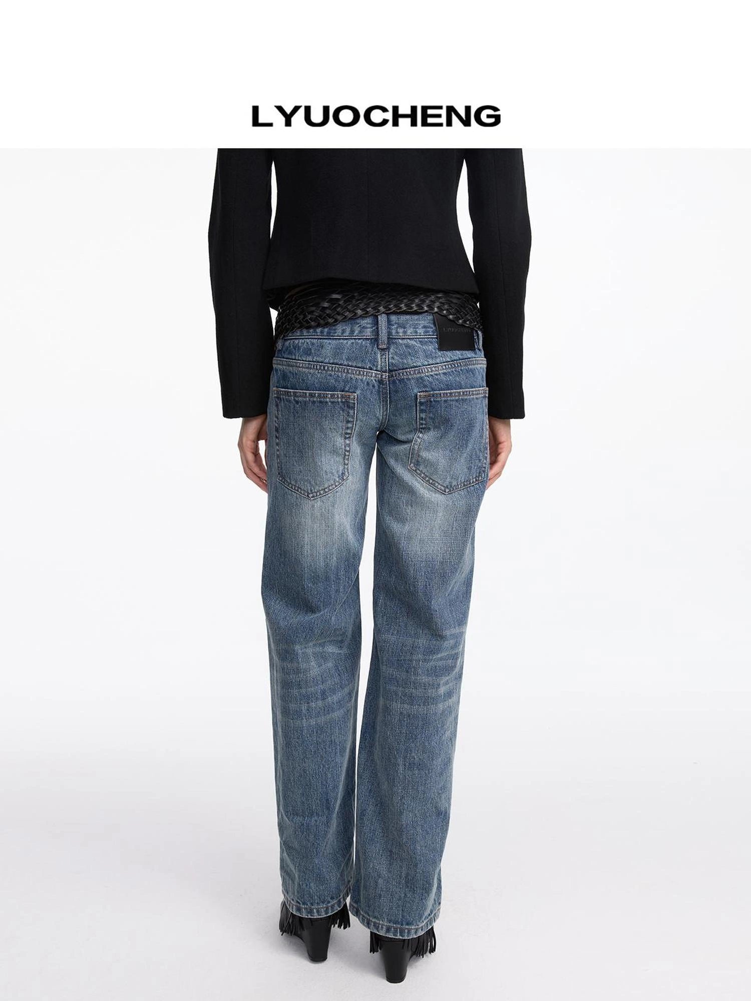 LYUOCHENG Stonewashed Straight Leg Low Rise Jeans