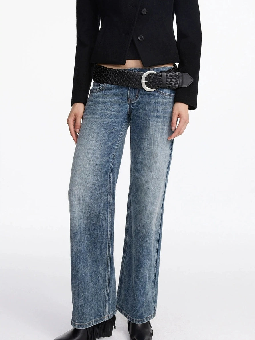 LYUOCHENG Stonewashed Straight Leg Low Rise Jeans