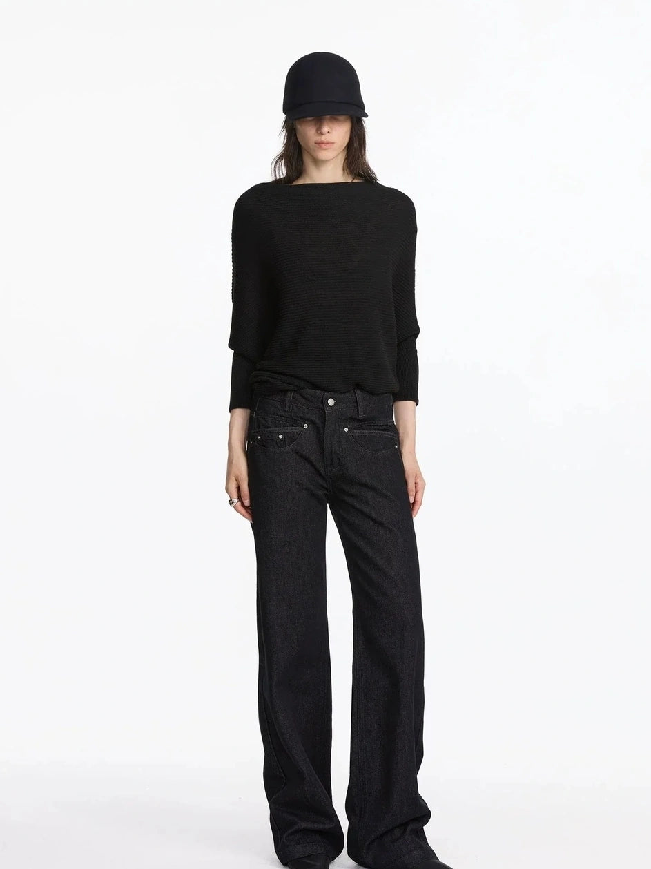 LYUOCHENG Straight Leg Black Raw Denim Jeans With Smile Pockets