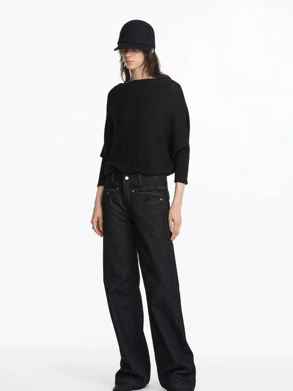 LYUOCHENG Straight Leg Black Raw Denim Jeans With Smile Pockets