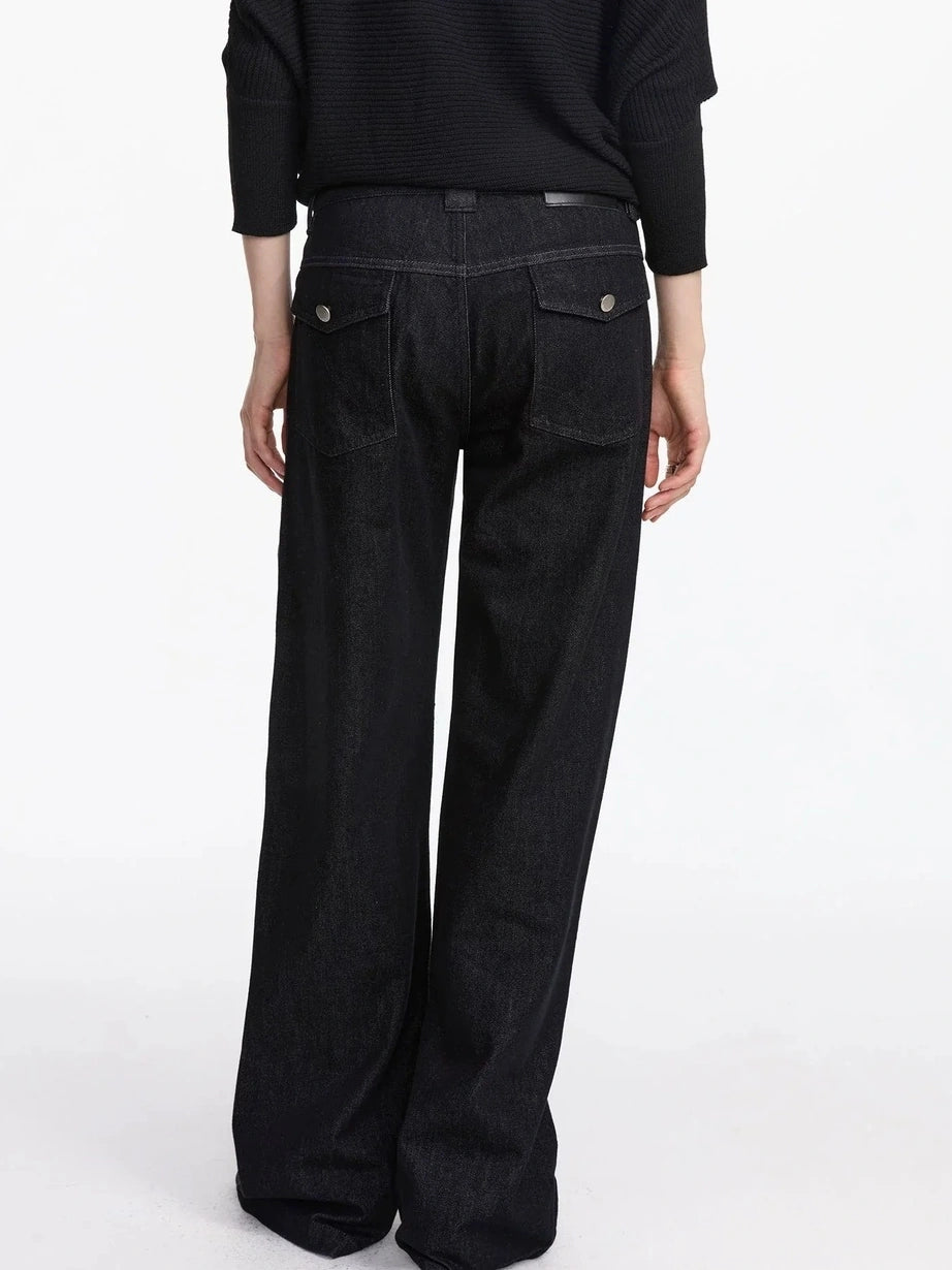 LYUOCHENG Straight Leg Black Raw Denim Jeans With Smile Pockets