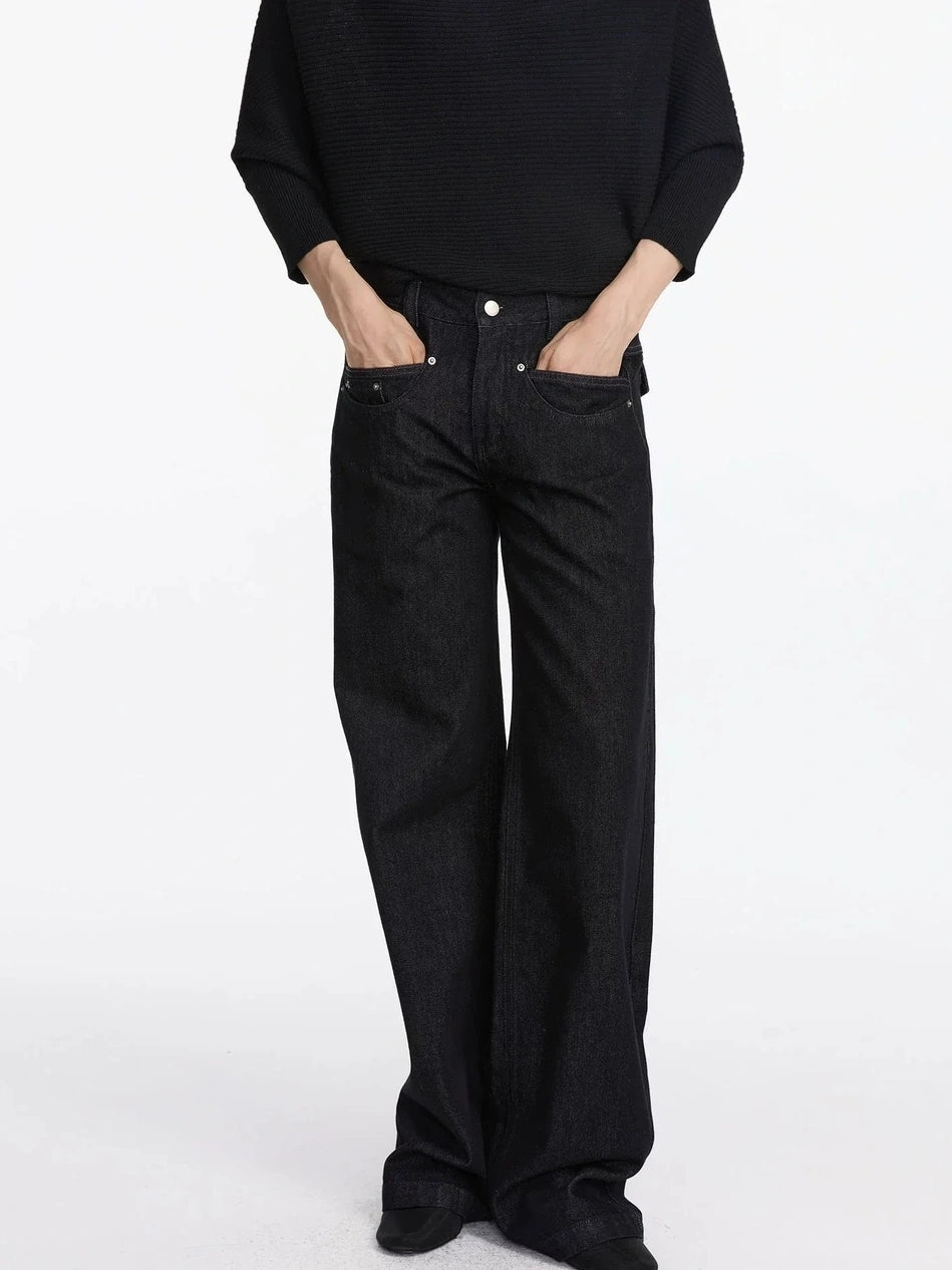 LYUOCHENG Straight Leg Black Raw Denim Jeans With Smile Pockets