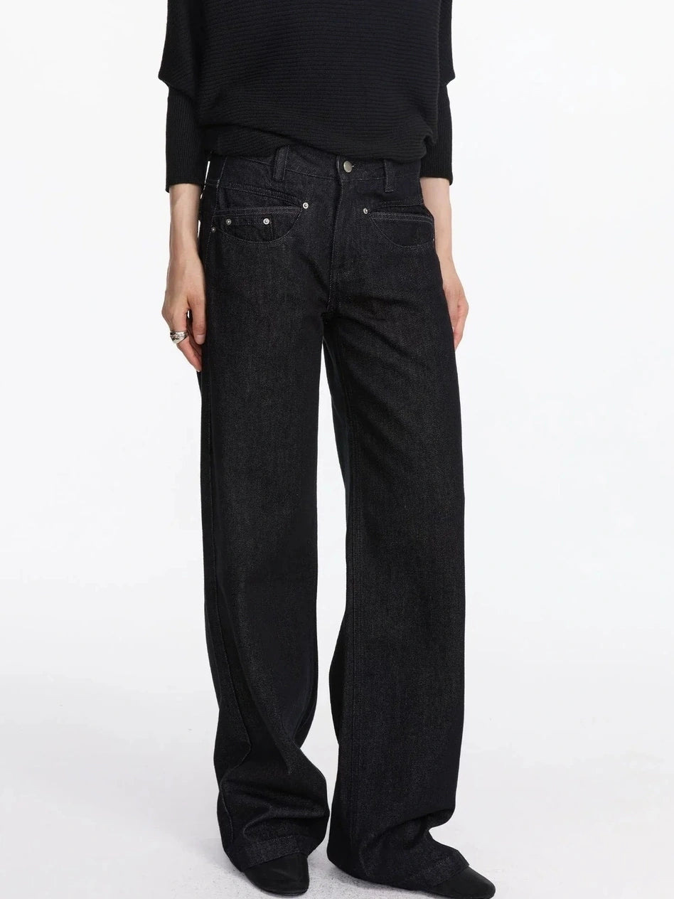 LYUOCHENG Straight Leg Black Raw Denim Jeans With Smile Pockets