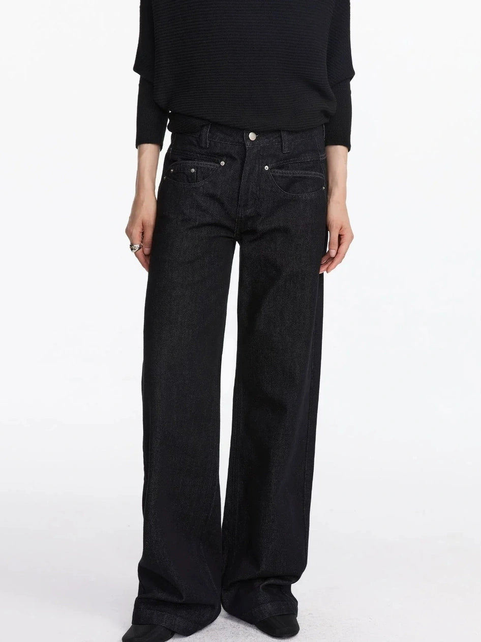 LYUOCHENG Straight Leg Black Raw Denim Jeans With Smile Pockets