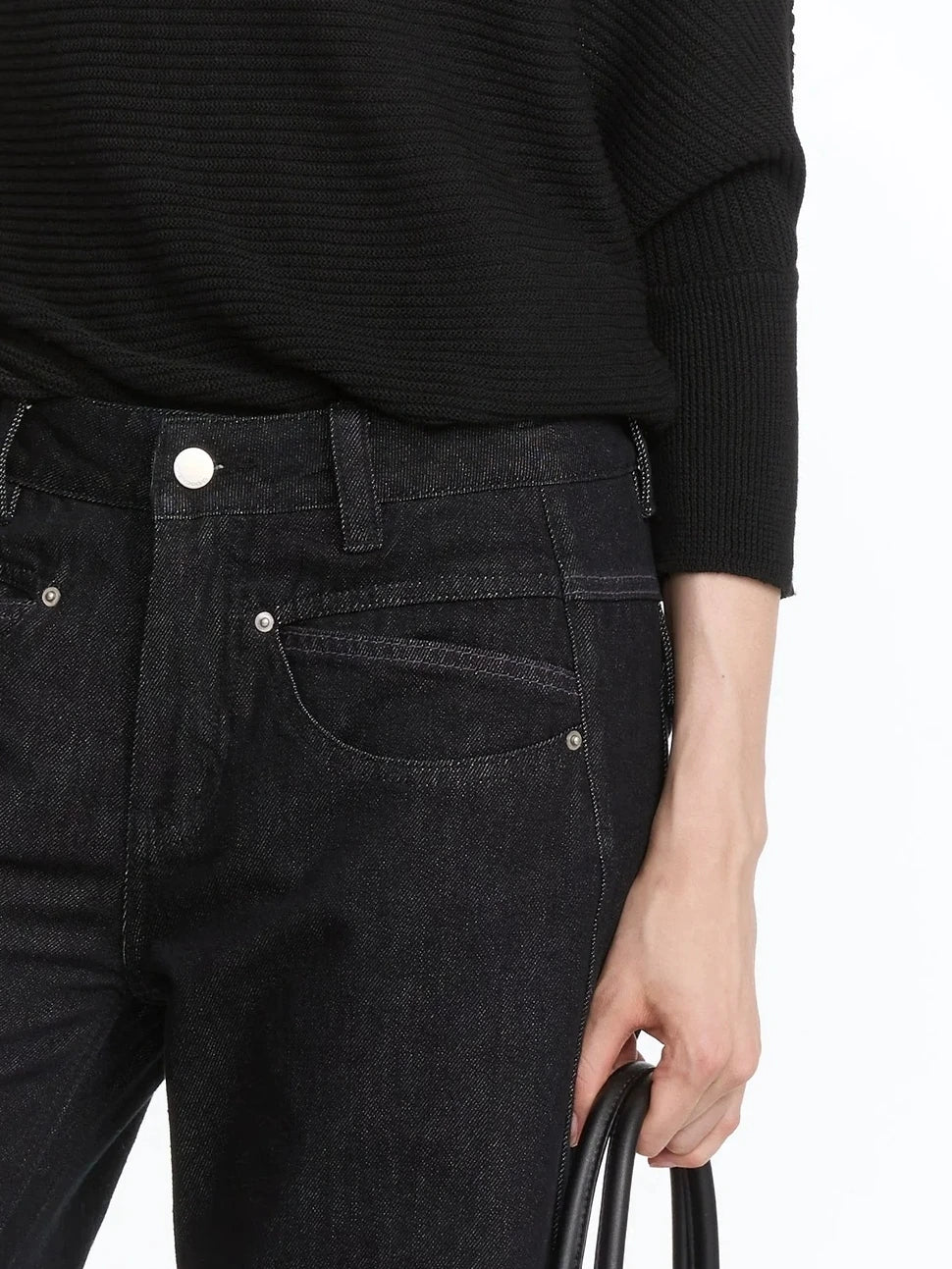 LYUOCHENG Straight Leg Black Raw Denim Jeans With Smile Pockets