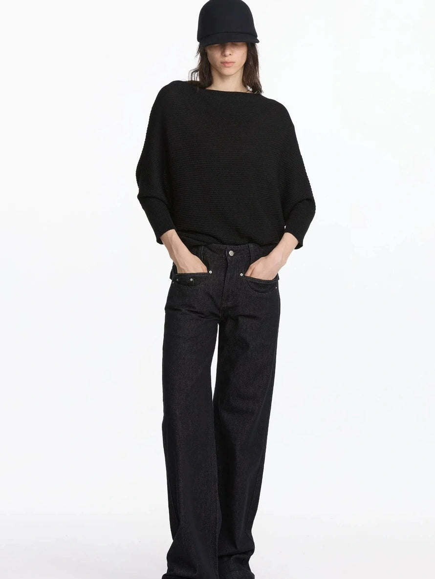 LYUOCHENG Straight Leg Black Raw Denim Jeans With Smile Pockets