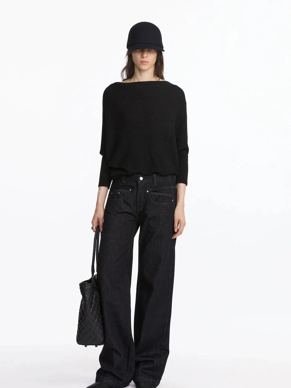 LYUOCHENG Straight Leg Black Raw Denim Jeans With Smile Pockets