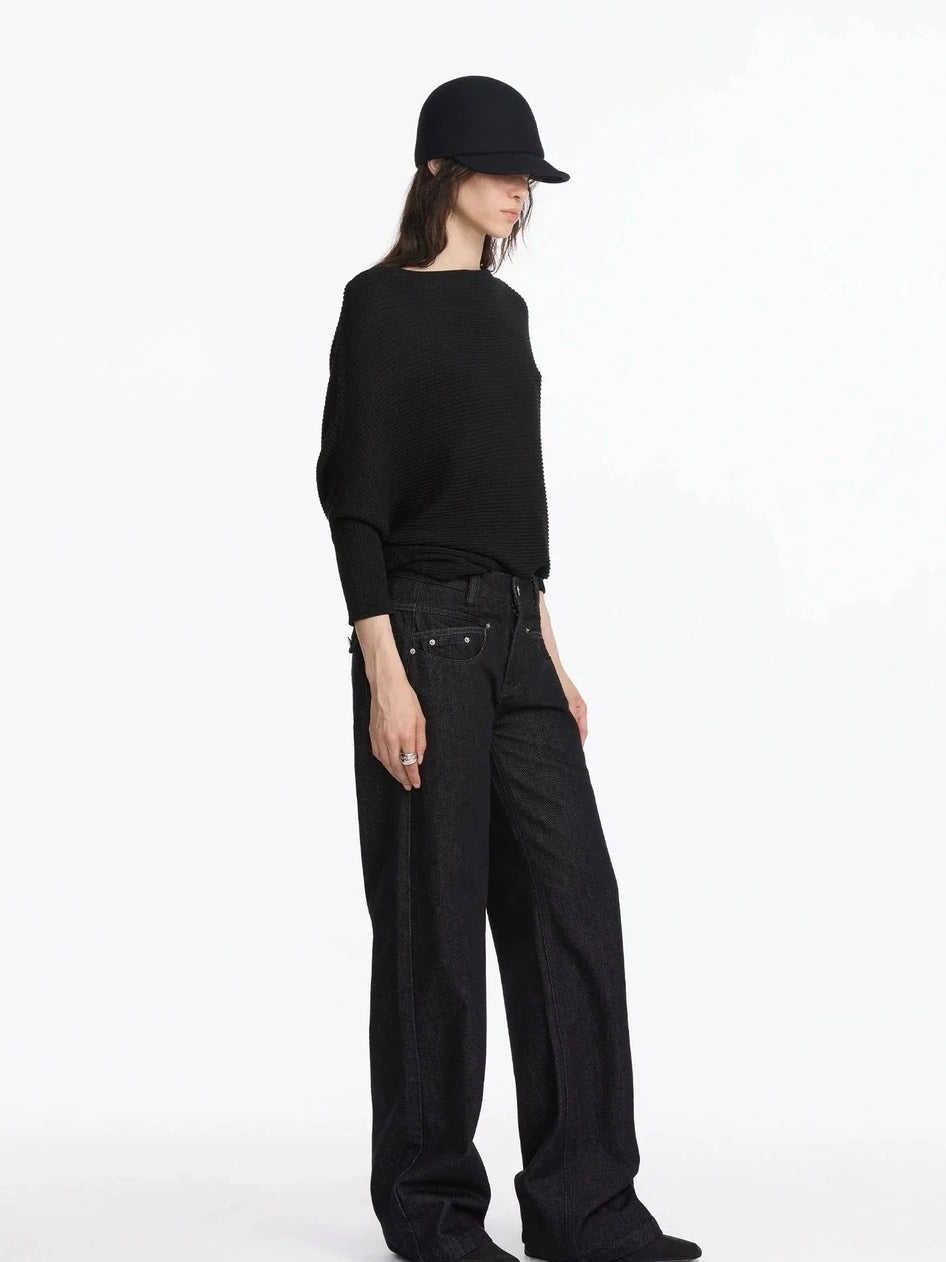 LYUOCHENG Straight Leg Black Raw Denim Jeans With Smile Pockets