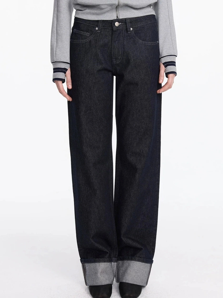 LYUOCHENG Straight Leg Cuffed Raw Denim Jeans